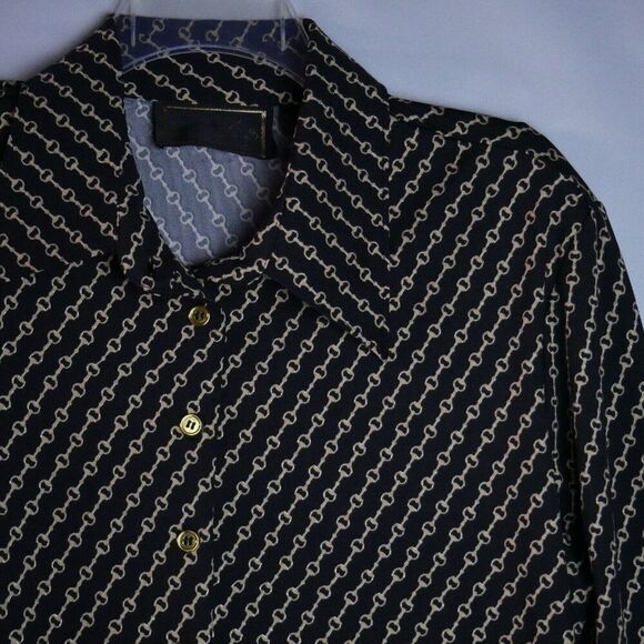 Diane Gilman Women's Size Large Blouse Button Down Black Golden Chain Print - Picture 2 of 12
